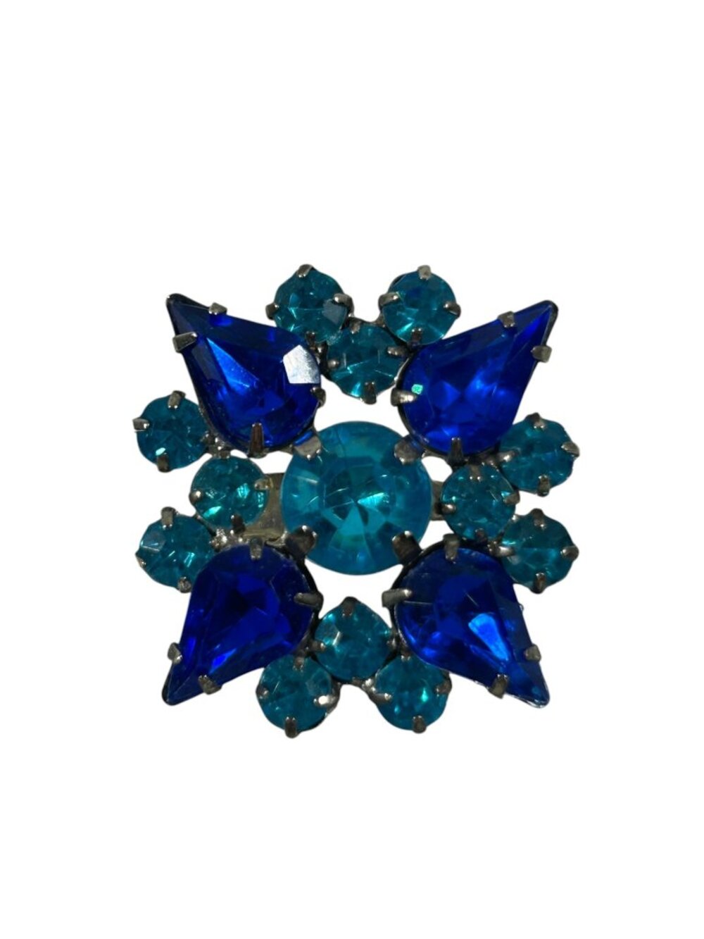 Cobalt Blue Aqua Rhinestone Brooch Teardrop Prong Set Silver Tone 1.25"